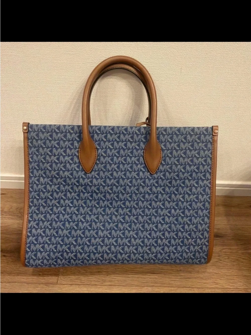 Michael Kors Denim Tote Bag Blue Logo Leather Trim Gold Hardware Womens Handbag